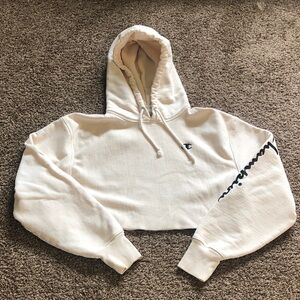 Champion Women's Cream Cropped Hoodie with Script Sleeve Logo